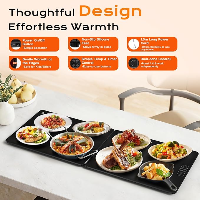 Electric Warming Mat for Food 32" x 12", Tempered Glass Top,Food Warmer Tray for Countertop, Parties Buffet,Gatherings,Adjustable 104–212°F with 1–12h Timer,Built-in Thermostat & Overheat Protection