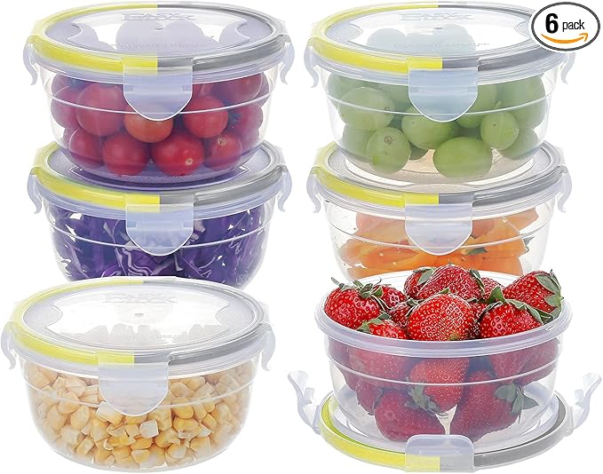 KIGI 6 PACK 10oz Plastic Round Bowls with Lid Leakproof Food Storage Container Set Small Meal Prep Containers Bento Box