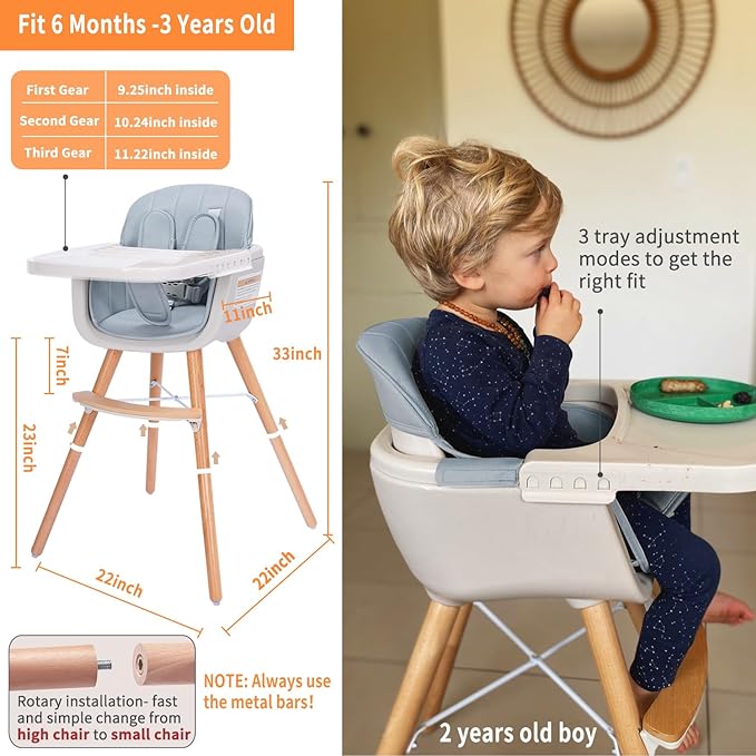 Mallify 3-in-1 Convertible Wooden High Chair, High Chairs for Babies and Toddlers, Baby High Chair with Adjustable Legs & Dishwasher Safe Tray, Made of Sleek Hardwood & Premium Leatherette, Blue