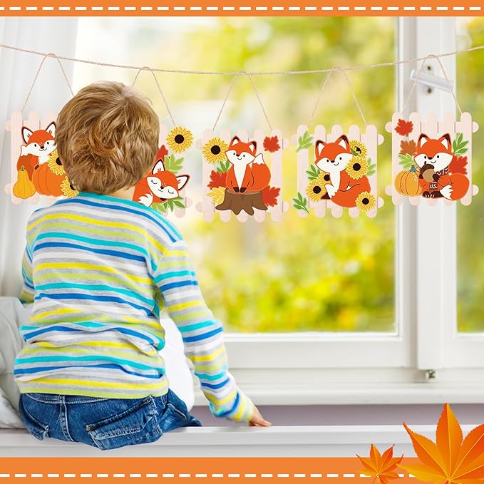 Jetec 24 Sets Fall Sticker Crafts Kits DIY Wooden Fox Fence Autumn Ornament Crafts with Stick Make Your Own Fall Fox Handmade Artwork for Autumn Thanksgiving Party Favors Home Activity Decoration