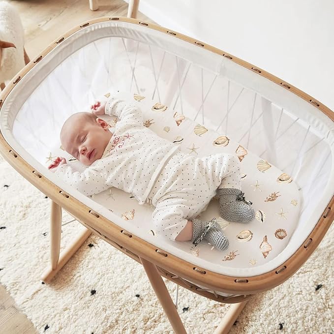 GRSSDER Stretchy Ultra Soft Fitted Bassinet Sheets Set 2 Pack, Cradle Sheet Universal Fit for Rectangle, Oval, or Hourglass Bassinet Pad/Mattress Safe and Snug, Stylish Cute Whale Sea Worl for Baby