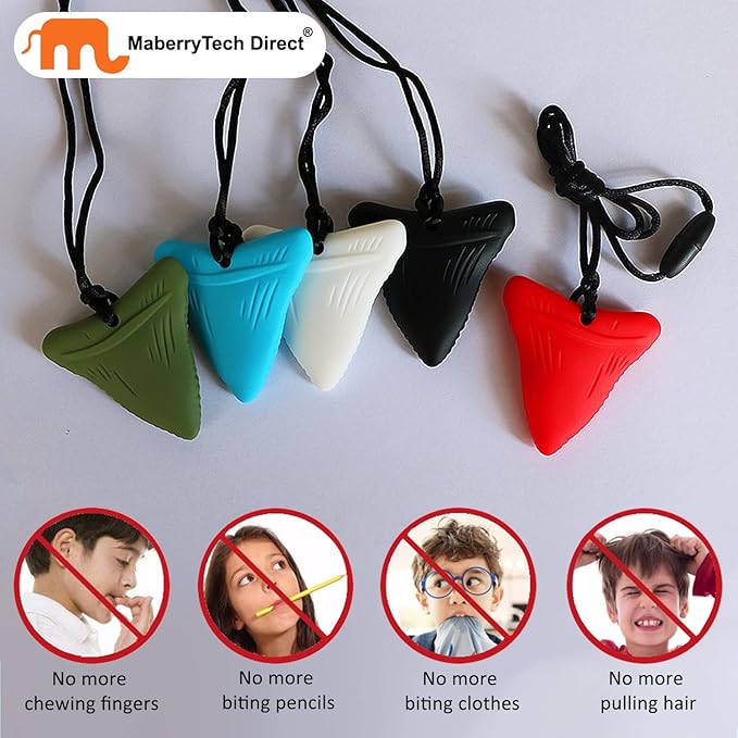 Sensory Chew Necklaces for Kids, Shark Tooth Silicone Chewy Necklace 5 Pack for Autism/ADHD/SPD, Autism Sensory Toys Reduce Chewing Fidgeting for Boys Girls Adults Chewer