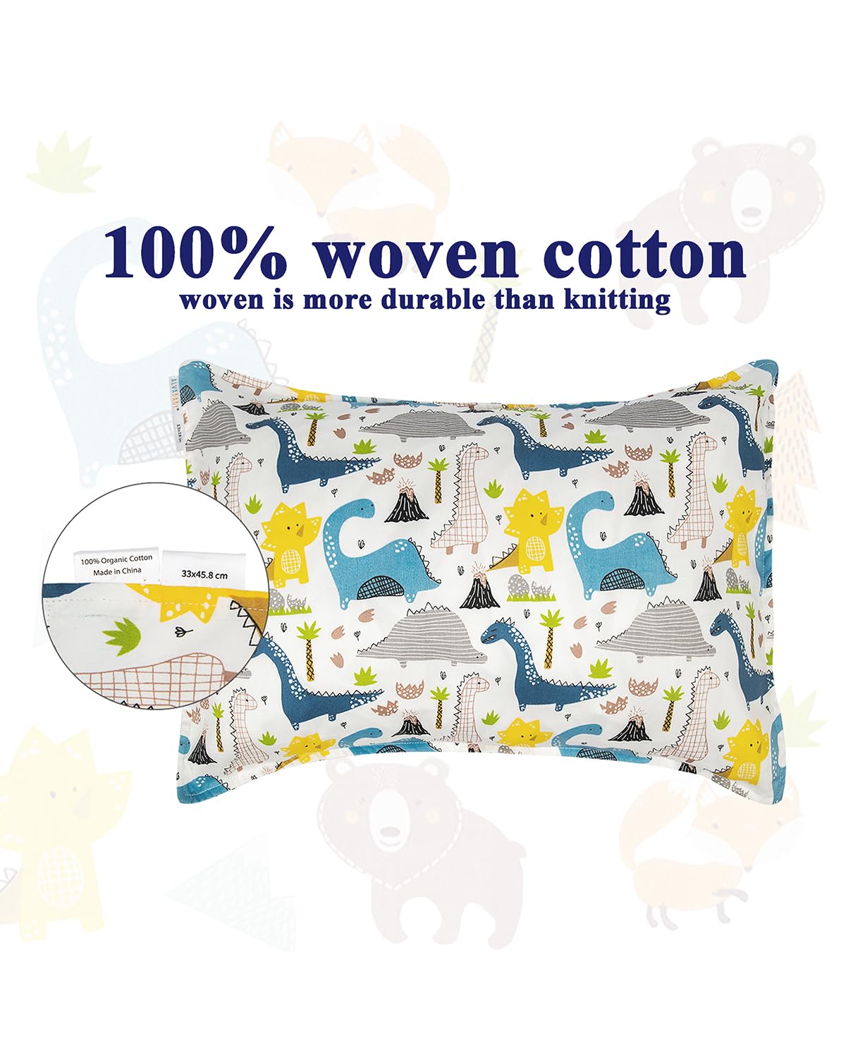 ALVABABY Toddler Pillowcases 2 Pack Organic Cotton Kids Pillow Cover Fit 13"x 18" or 12"x16" Envelope for Girl Boy Sleepy Travel Dinosaur Bear