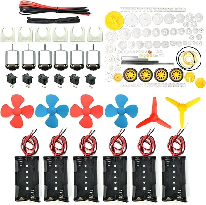 EUDAX 6 Set Rectangular Mini Electric 1.5-3V 24000RPM DC Motor with 84 Pcs Plastic Gears,Electronic Wire, 2 x AA Battery Holder,Boat Rocker Switch,Shaft Propeller for DIY Science Projects