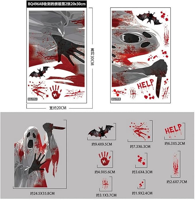 Halloween Ghost Window Clings Horror Bloody Handprints Spooky Ghost Slap The Window Double Sided Large Spooky Designs Halloween Bat Pumpkin Windows Clings for School Home Office Party Supplies Decor