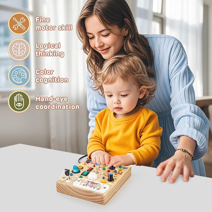 Joyreal Wooden Busy Board with LED Lights, Montessori Sensory Toys for Toddlers, Activity Fidget Board Travel Toys for Fine Motor Skills & Learning, Gifts for 1-3 Year Old Boys & Girls (Forest Theme)