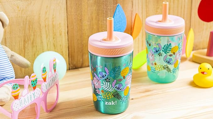 Zak Designs Disney Lilo and Stitch Kelso Tumbler Set, Leak-Proof Screw-On Lid with Straw, Bundle for Kids Includes Plastic and Stainless Steel Cups with Bonus Sipper (3pc Set, Non-BPA, Stitch)