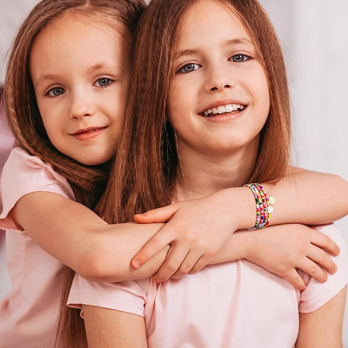 M MOOHAM 4PCS Initial Bracelets for Women Girls - Colorful Beaded Bracelet Heart Initial Bracelet for Women Stackable Layered Boho Bracelets Jewelry Gifts for Kids Teen Girl