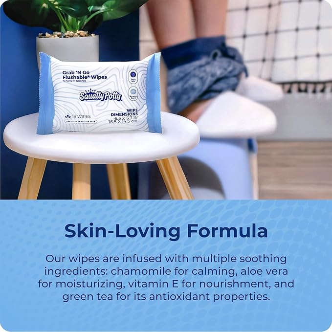 Squatty Potty Flushable Wipes for Travel or On the Go - 3 Pack (54 Total Wipes) - 99% Water & Plant-Based - Green Tea, Cucumber & Aloe Spa Scent - pH Balanced - Septic Safe Adult Wet Wipes