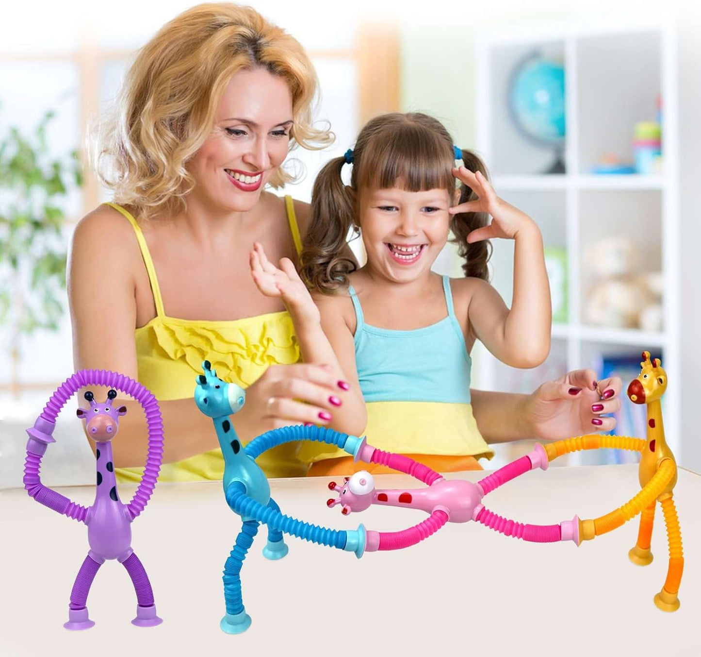 4 Pack Telescopic Suction Cup Giraffe Toy, Pop Tubes Baby Fidget Toys, Fine Motor Skills and Creative Learning, Autism Sensory Toys for Kids Toddler Age 3 4 5 6 Year Old, Boy Girl Gift