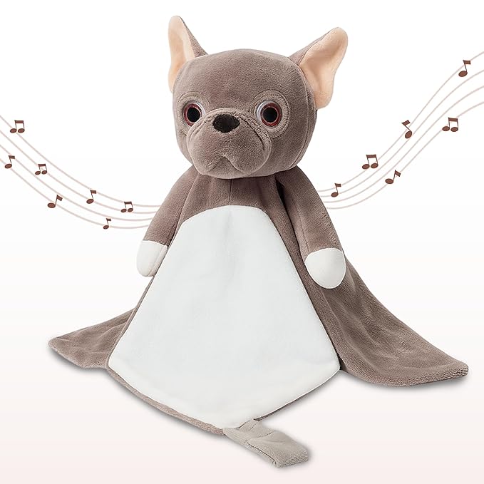 Baby Sleep Soother Taupe Bulldog Plush with Heartbeat & Lullaby Sounds, 4-in-1 Sound Machine, Security Blanket & Pacifier Holder, Baby Registry Essential & Christmas Gift for Newborns & Infants