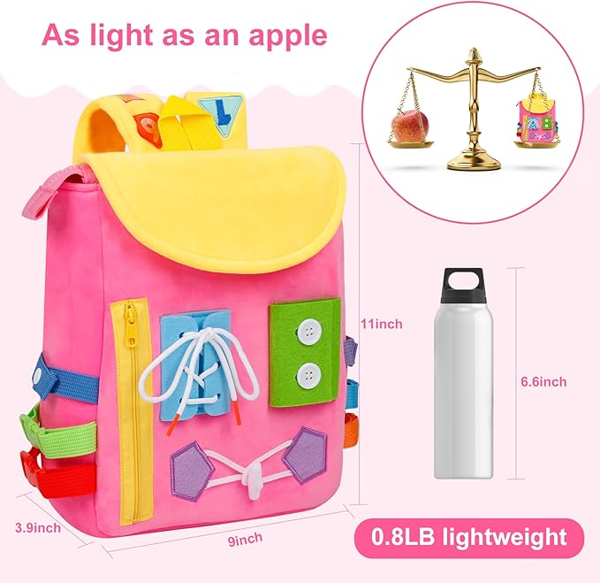 Busy Board - Toddler Backpack with Buckles and Learning Activity Toys - Develop Fine Motor Skills and Basic Life Skills - Learn to Tie Shoes - Children's Travel Toy (Pink)