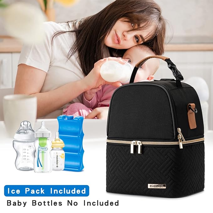 Breastmilk Cooler Bag with Ice Pack Fits 6 Baby Bottles up to 9 Ounce, Breast Milk Pump Cooler Bag with Shoulder Strap for Nursing Mom Daycare, Work, Travel- Black