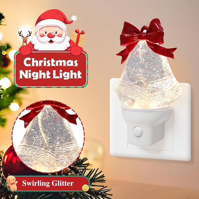2 Pack Christmas Bell Night Light Plug into Wall Glitter Water Nightlight with USB/Outlet Options, Christmas Decorative Nightlight for Bedroom Kitchen Nursery Holiday Decorations Gifts (Bell)