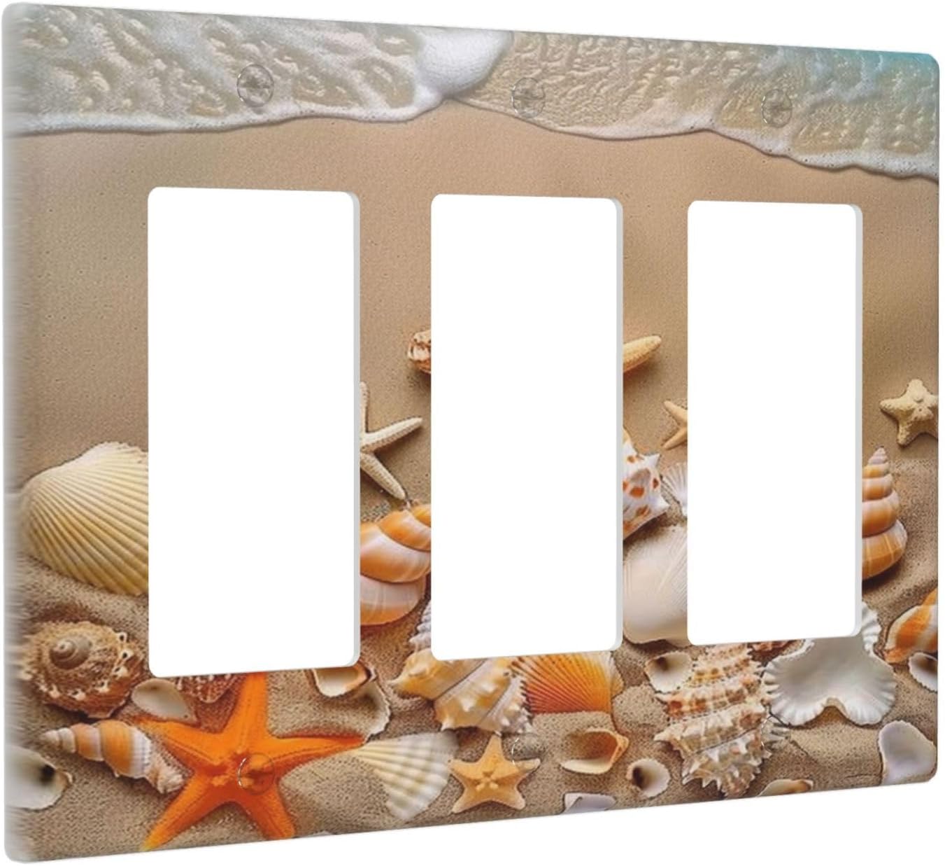 Decorative Outlet Covers Beachy Sea Ocean Seashell Starfish 3 Gang Wall Plate Triple Rocker Light Switch Cover Plate Jumbo Electrical GFCI Faceplate for Bathroom Bedroom Home Decor