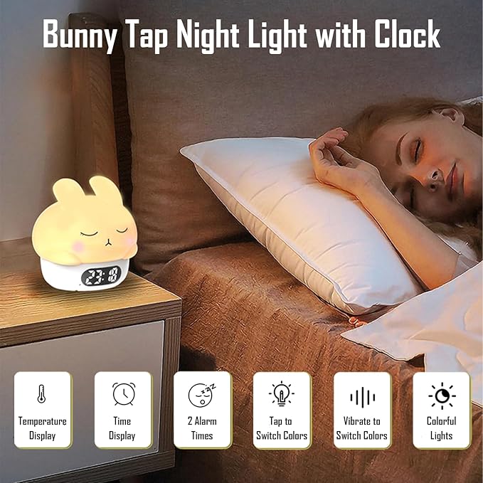 Cute Bunny RGB Rechargeable Night Light, Soft Silicone Lampshade, Adjustable Brightness LED Clock, Date, Alarm, Thermometer, Timer, Tap Control, Bedroom Lamp, Gift for Girl and Kid (White Bunny)
