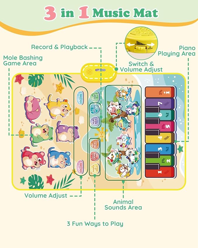 3-in-1 Musical Mat Toys for Toddlers, Led Light Up Mole Bashing & Piano Keyboard & Animal Sounds with 2 Drum Sticks,Early Educational Musical Learning Toys, Birthday Gifts for 3+ Boys & Girls