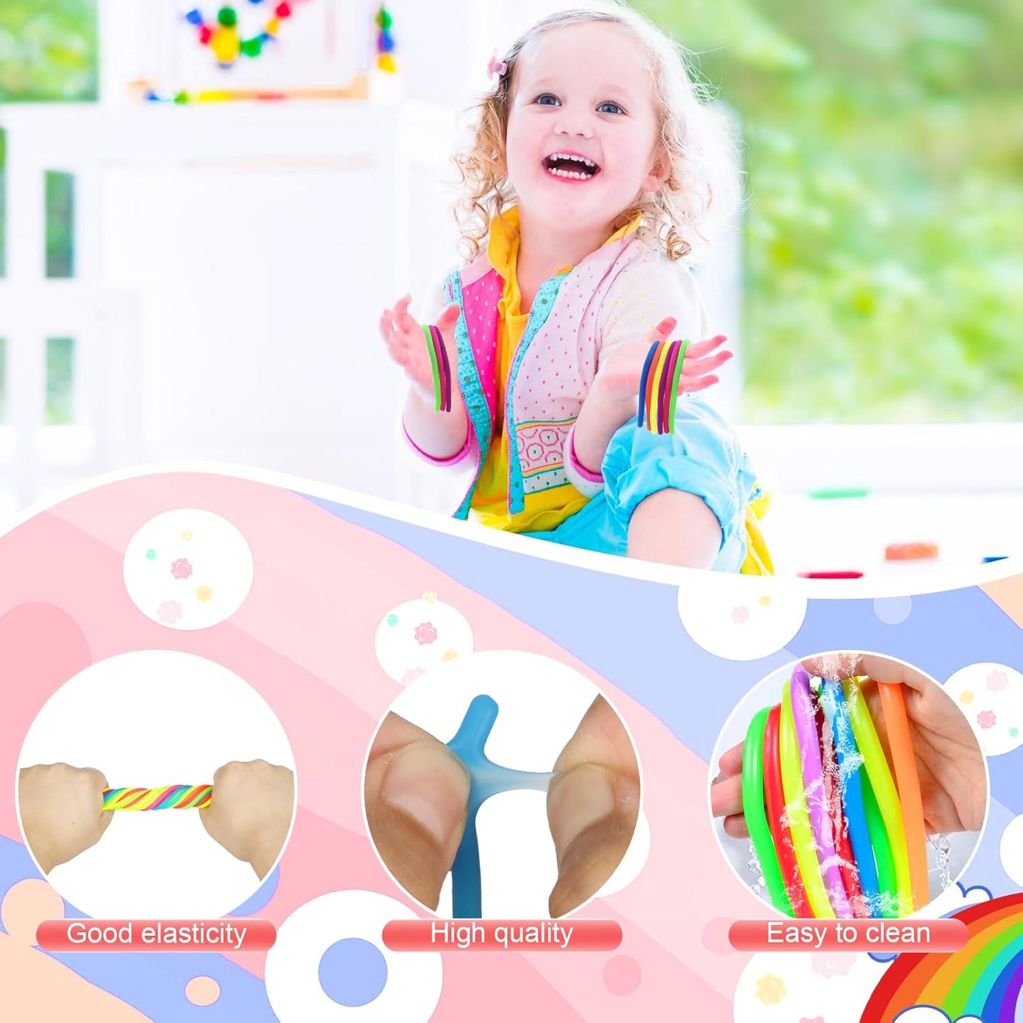 100 PCS Colorful Stretchy Fidget Strings Sensory Toys, Carnival Prizes Fidget Stress Relief Toy for Classroom Prize Children Gift Birthday Party Favors Kids 4-8 8-12