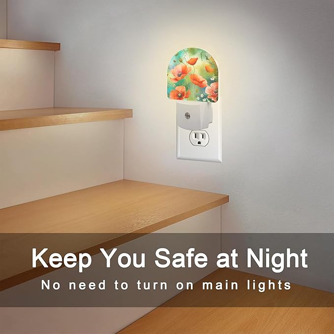 Watercolor Red Poppies Flower Night Light, Abstract Colorful Floral Dusk to Dawn Night Light Plug in,0.5w Energy Saving Sleep Friendly NightLight for Kids Boys Girls Home Decor