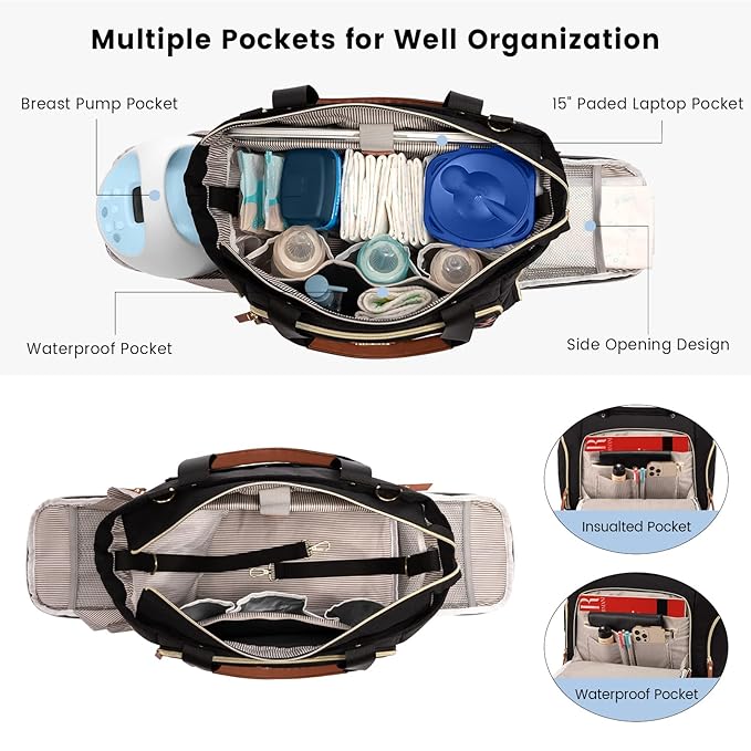 LOVEVOOK Breast Pump Bag & Diaper Tote - 3Pc Set for Breastfeeding Moms - Laptop Pocket, Cooler & Changing Pad - Fits Most Pumps