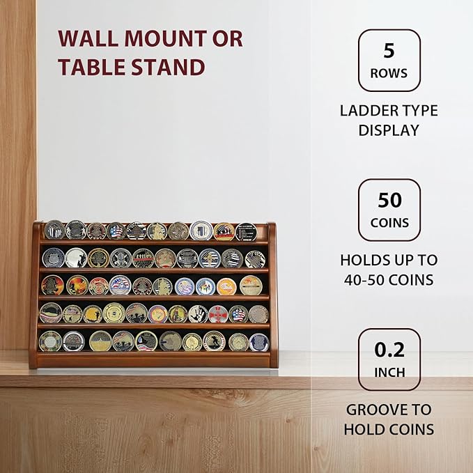 5 Rows Challenge Coin Holder Display Stand Holds 50 Coins for Wall Mount or Tabletop, Solid Wood Military Coin Rack Display Case for Collectibles, Walnut