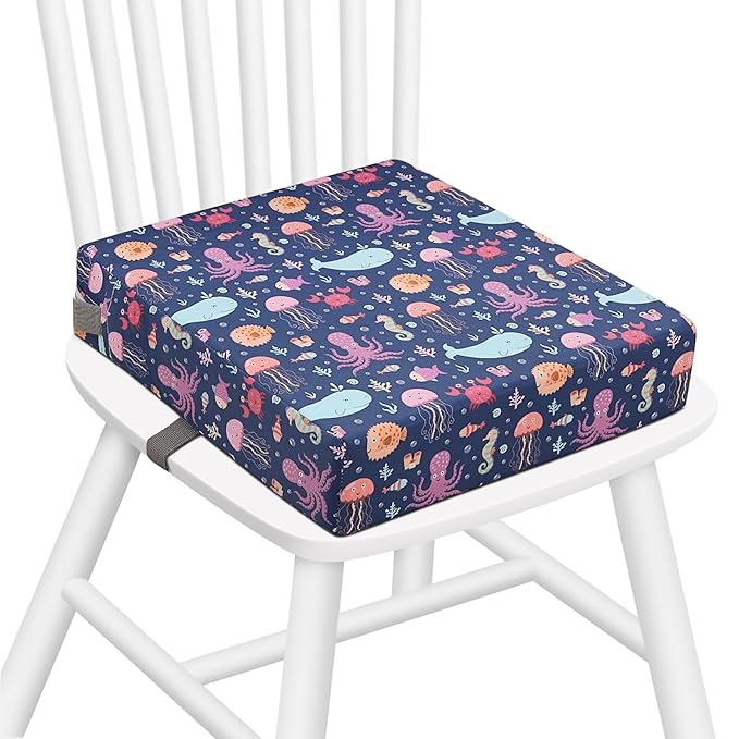 Zicac Portable Toddler Booster Seat for Dining Table, Safer Non-Slip Kids Booster Seat with Double Adjustable Straps, Washable Detachable Strong Support Increasing Cushion for Child (Purple Octopus)