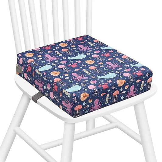 Zicac Portable Toddler Booster Seat for Dining Table, Safer Non-Slip Kids Booster Seat with Double Adjustable Straps, Washable Detachable Strong Support Increasing Cushion for Child (Purple Octopus)