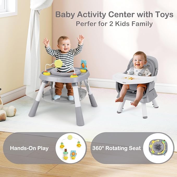 INFANS 9 in 1 High Chair, Convertible Baby Highchair for Babies and Toddlers, Table and Chair Set Building Block Infant Dining Booster Seat, Kids Stool with Activity Children Play Kitchen (Grey)