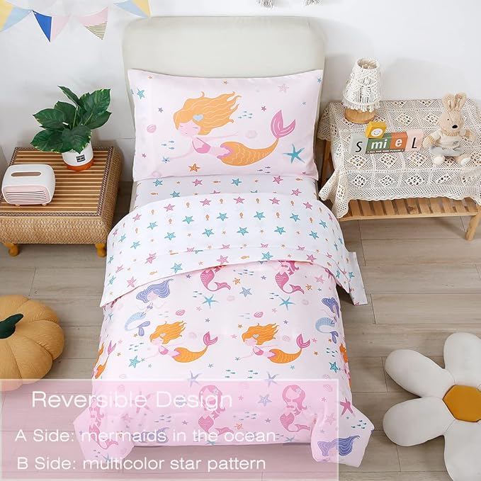 PERFEMET Toddler Bedding Sets Girls 4 Pieces Pink Mermaid Toddler Bed in A Bag Soft Reversible Blush Toddler Bed Set Include Comforter, Flat Sheet, Fitted Sheet, Pillowcase