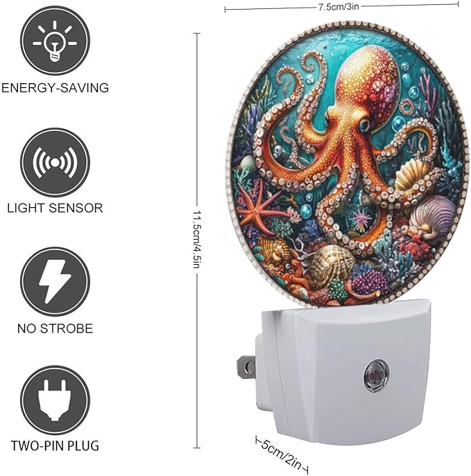 Round LED Night Lights Lamp with Dusk to Dawn Sensor, Red Octopus Surrounded by Underwater Scene Night Light Plug Into Wall for Kids Room, Bedroom, Bathroom, Kitchen, Hallway