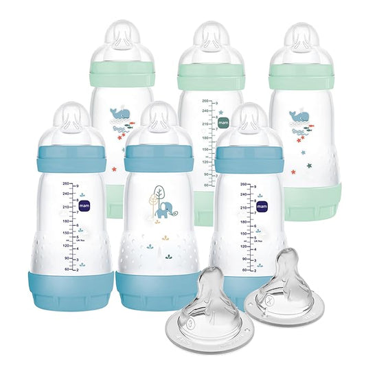 MAM 9oz Easy Start Anti-Colic Baby Bottles, Medium Flow with 2X Bonus Nipples (Fast and Extra Fast Flow), Reduces Colic, Gas, & Reflux, Easy-to-Clean, BPA-Free, 2 Plus Months