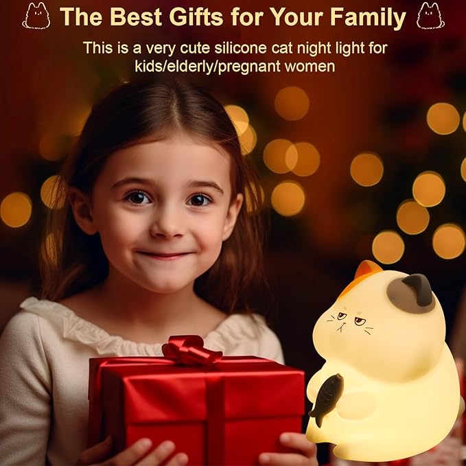 Greedy Cat Night Light for Kids, 3 Levels Dimmable Cute Kitty Nursery Nightlight with Touch Color Change, Squishy Silicone Rechargeable Bedside Lamp for Baby/Pregnant Mom/Elderly/Adults