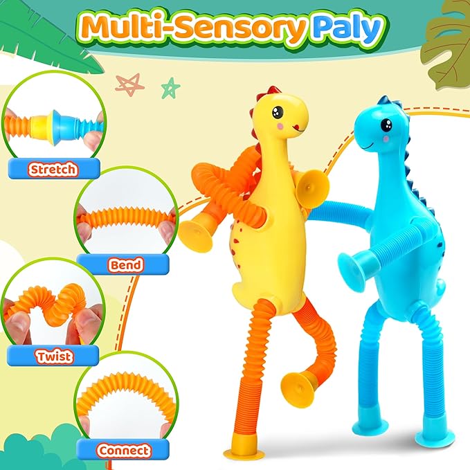 4Pcs Dinosaur Stocking Stuffers Airplane Travel Toys for Toddlers Kid Boys Girls Year Old Age 3+ Sensory Suction Tube ADHD Autism Road Trip Car Activities Essential Pop Fidget Toys Autistic Kid Gift