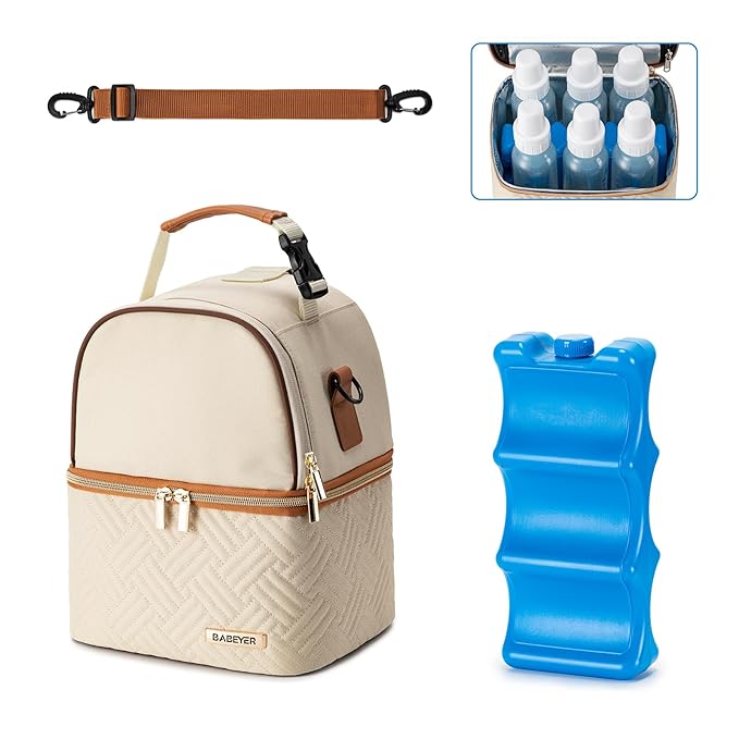 Breastmilk Cooler Bag with Ice Pack Fits 6 Baby Bottles up to 9 Ounce, Breast Milk Pump Cooler Bag with Shoulder Strap for Nursing Mom Daycare, Work, Travel- Cream