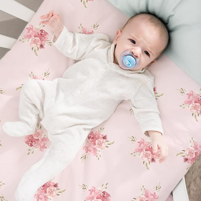 Nap Mat Sheet 47"x24", 3 Pack Pink Floral Baby Crib Sheets Fitted Elastic Corners, Preschool Day Care Rest Mat Cover, Soft Breathable - Compatible with Regalo My Cot, Joovy Travel Cot