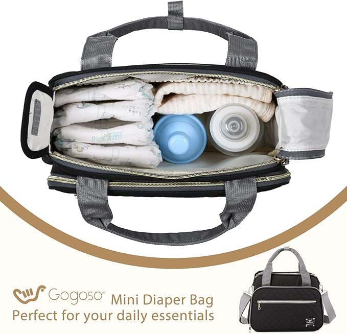 GOGOSO Crossbody Small Diaper Bag, Cute Mini Baby Diaper Tote Bags with Insulated Pockets for Traveling Outdoor Parent, Black