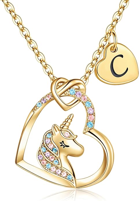 Hidepoo Unicorn Necklace Gifts for Girls - Colorful CZ Heart Pendant Initial Unicorns Necklaces for Teens Little Girls Jewelry Birthday Gift for Girl Daughter Granddaughter Niece