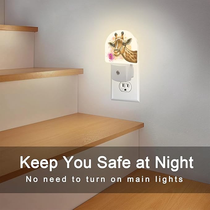 Cute Giraffe Bite A Flower Night Light, Watercolor Wild Animal Floral Dusk to Dawn Night Light Plug in,0.5w Energy Saving Sleep Friendly NightLight for Kids Boys Girls Home Decor