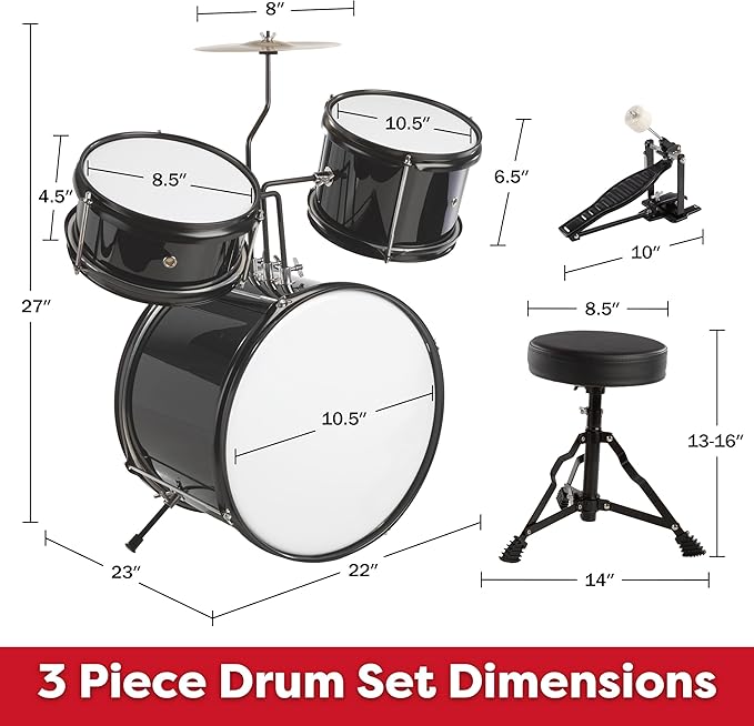 Kids Drum Set - 3-Piece Drum Kit with Cymbal, 2 Toms, Bass Drum and Pedal, Drumsticks, and Throne - Beginner Musical Instruments by Hey Play (Black)