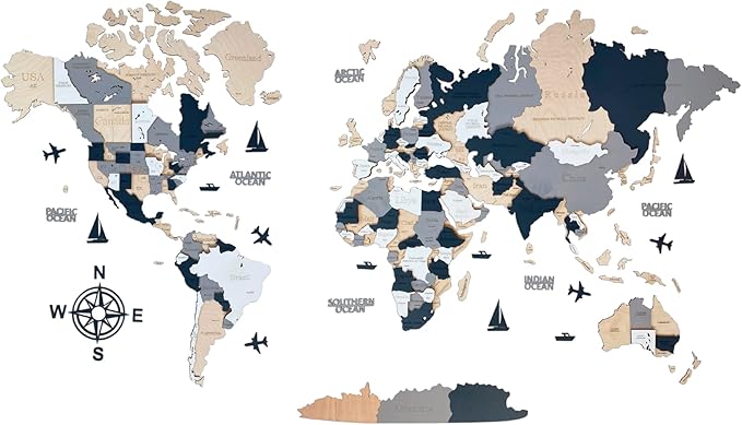Wooden World Map 3D Art Large Wall Decor - Size (M, L, XL) Any Occasion Gift Idea - Wall Art For Home, Kitchen or Office