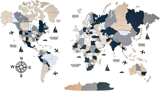 Wooden World Map 3D Art Large Wall Decor - Size (M, L, XL) Any Occasion Gift Idea - Wall Art For Home, Kitchen or Office