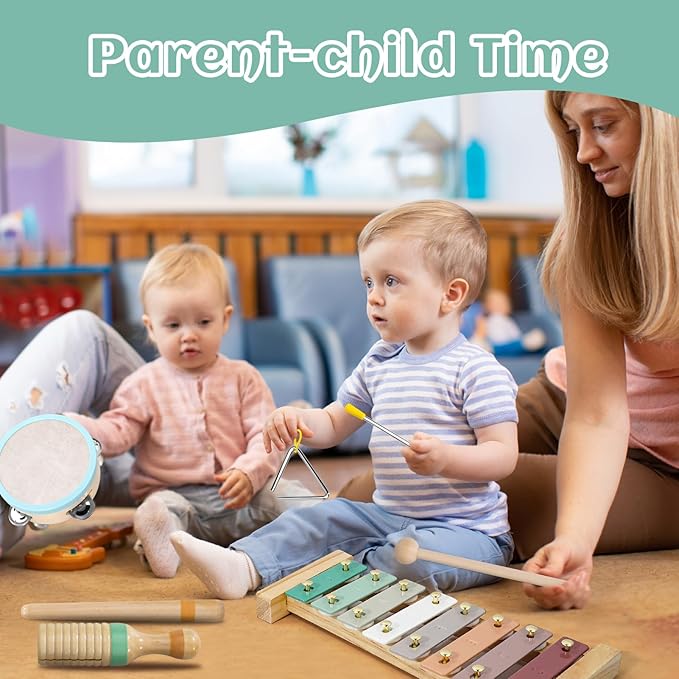 Raimy Musical Instruments Set - Neutral Colors Wooden Montessori Toys Percussion Music Modern Boho Xylophone Birthday Gifts for 1 2 3 Year Old Kids Baby Toddlers Boys Girls 3+ with Storage Bag