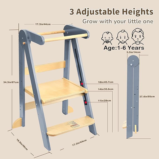 Foldable Toddler Tower Preassembled Kitchen Stool Helper, Folding Tower for Learning with 3 Adjustable Heights Montessori Toddler Standing Tower Kids Collapsible Wooden Step Stool, Light Gray
