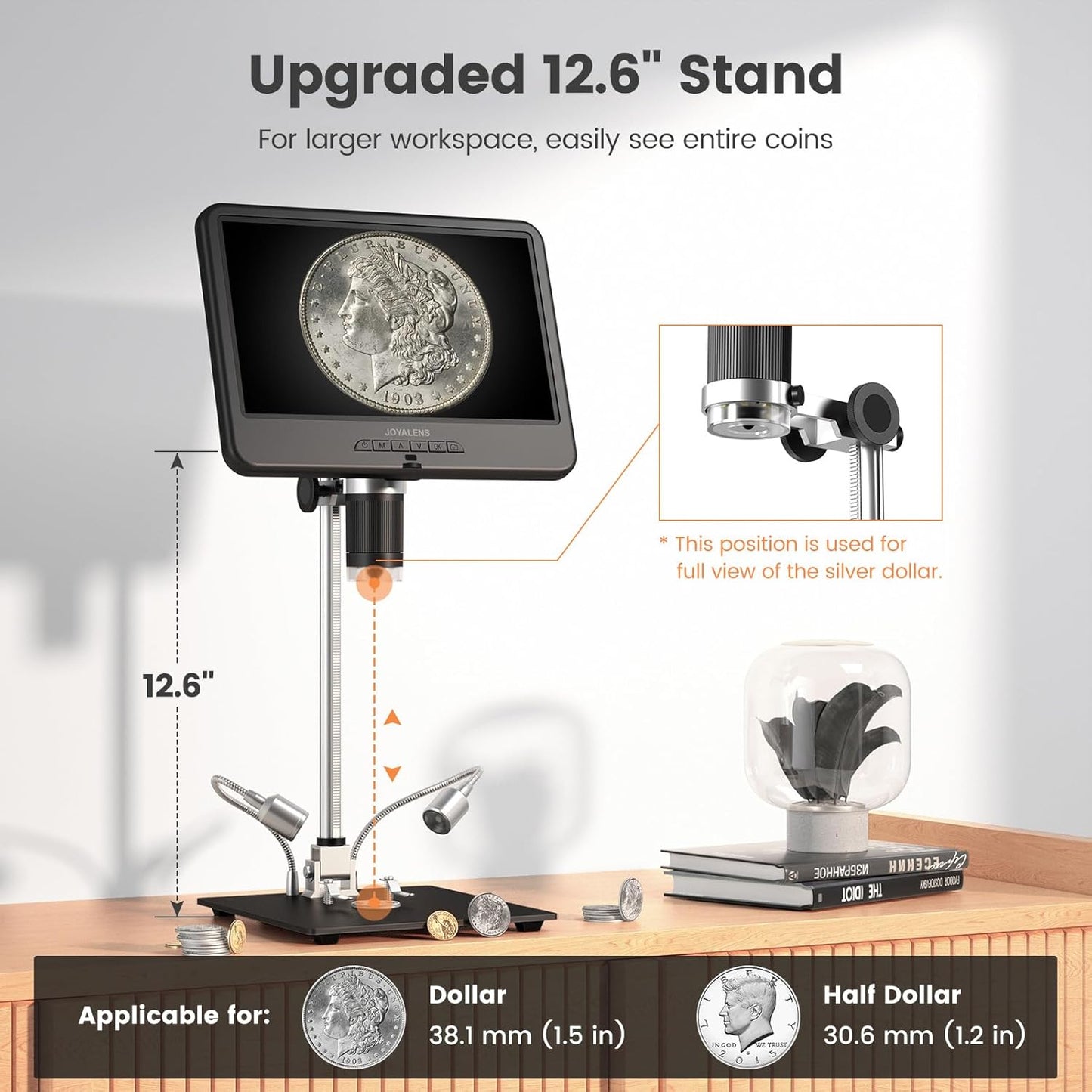 JL210 10.1'' Digital Microscope for Adults, Coin Magnifier Microscopes Full View for Error Coins, Soldering Electronics Microscopes Camera, 8 LED, 12.6" Metal Stand, PC View, 32GB