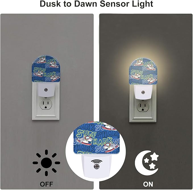 Cartoon Surfing Sharks Night Light, Cool Cute Shark Dusk to Dawn Night Light Plug in,0.5w Energy Saving Sleep Friendly Nightlights for Kids Boys Girls Home Decor