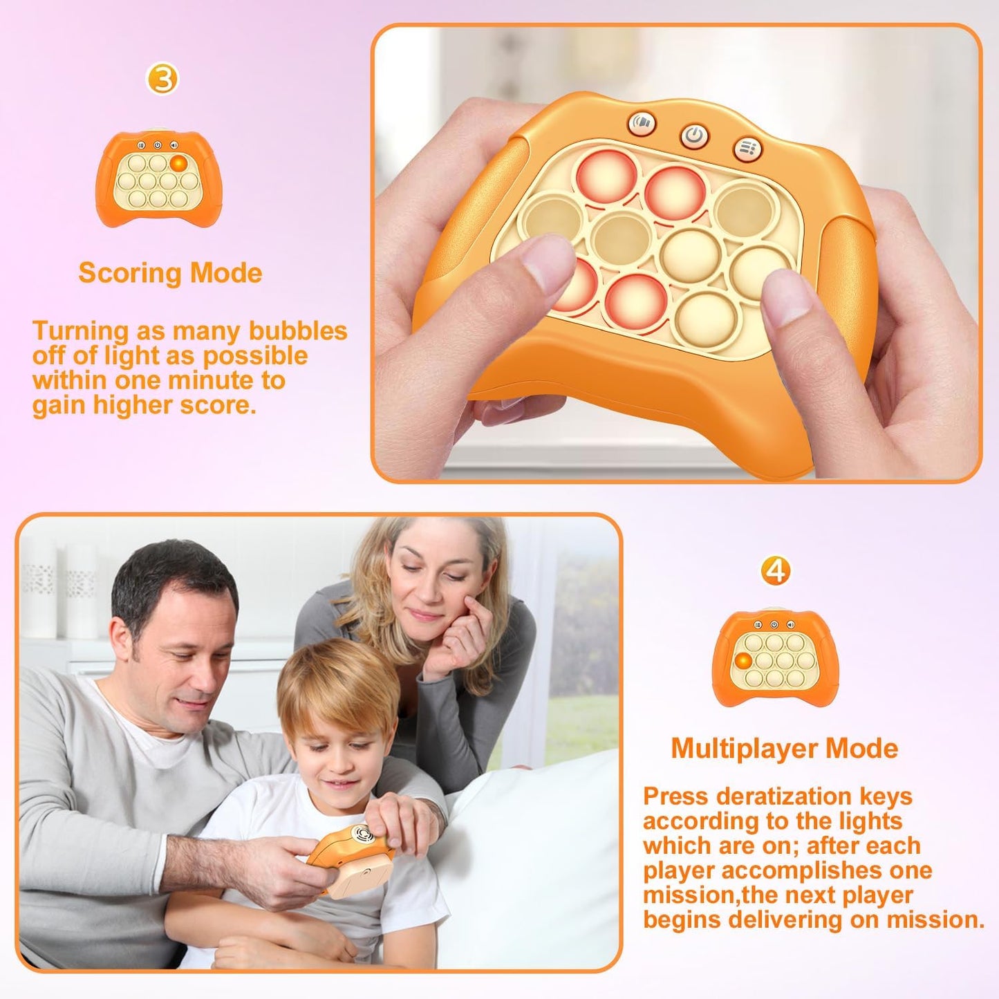 Quick Push Puzzle Game Machine Pop Fidget Light-Up Squeeze Poppet Sensory Toy Educational Push Pop Bubble Toy Stress Relief Party Favors Puzzle Game for Kids Teens Adults （Orange）