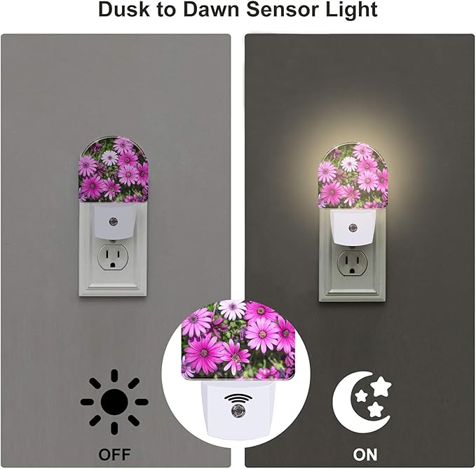Purple Daisies Flowers Night Light, Beautiful Blooming Daisy Dusk to Dawn Night Light Plug in,0.5w Energy Saving Sleep Friendly NightLight for Kids Boys Girls Home Decor