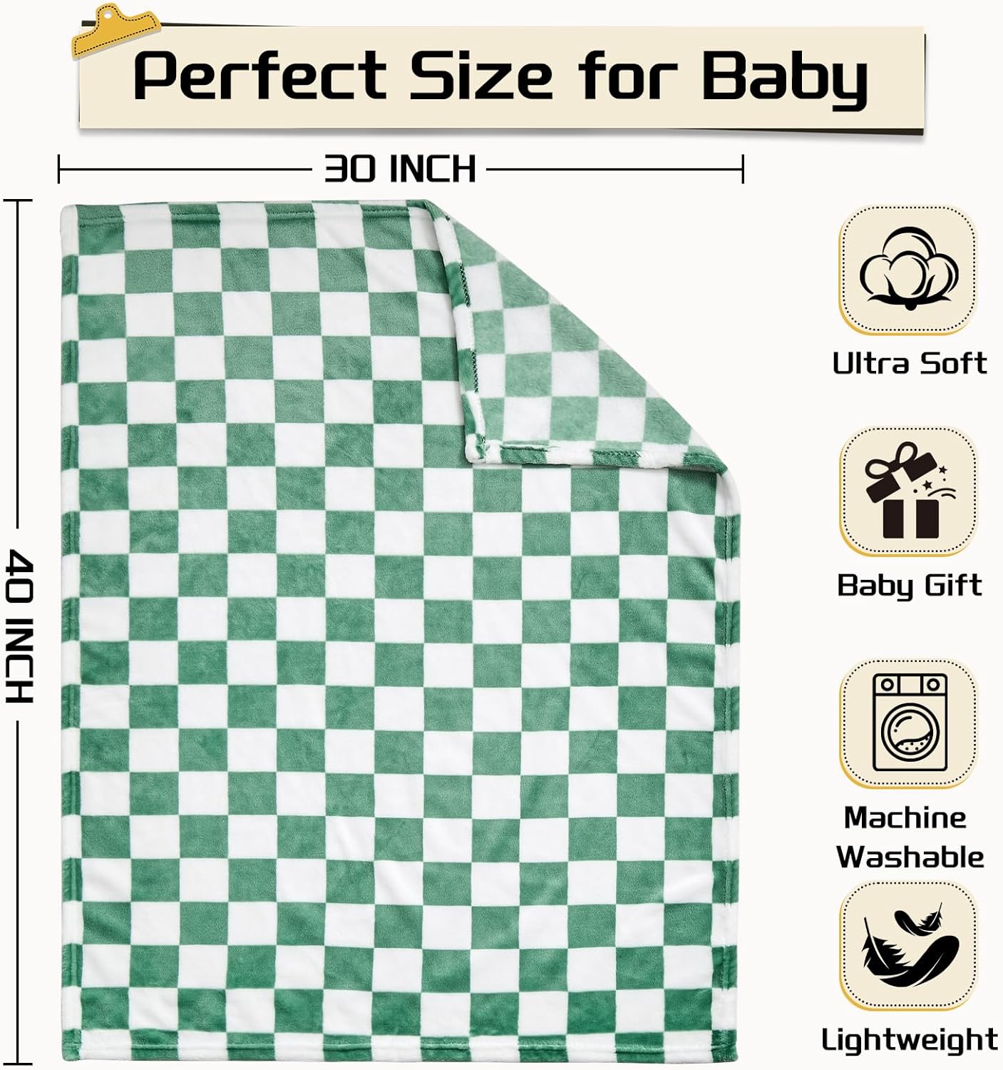 Yurhap Checkered Baby Blanket Fleece Baby Blankets for Boys, Ultra Soft Cozy Fluffy Infant Toddler Newborn Receiving Gifts for Crib Stroller, 30x40 Inch, Jade Green