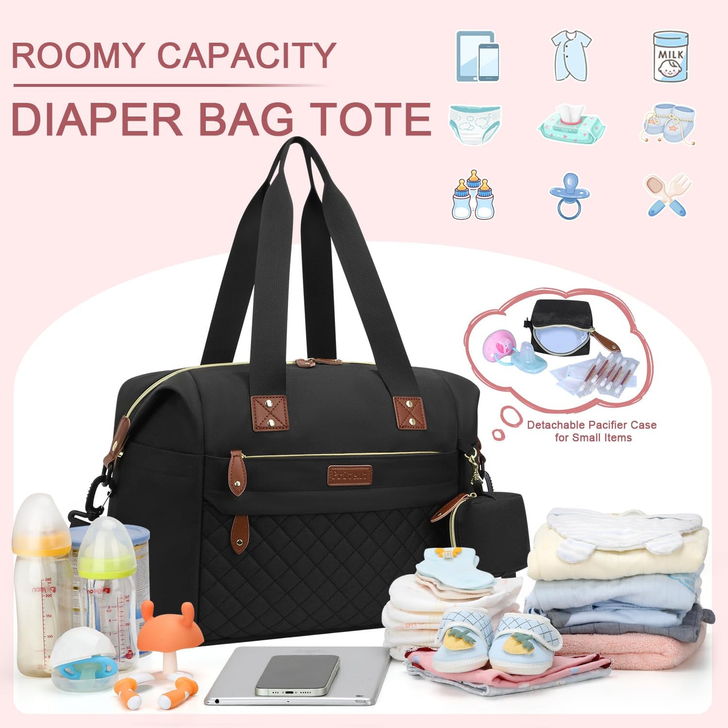 Diaper Bag Tote - Diaper Baby Bags with Pacifier Case, Shoulder Straps, Stroller Clips, Waterproof Large Mommy Maternity Travel Baby Bag for Mom and Dad, Medium, Black