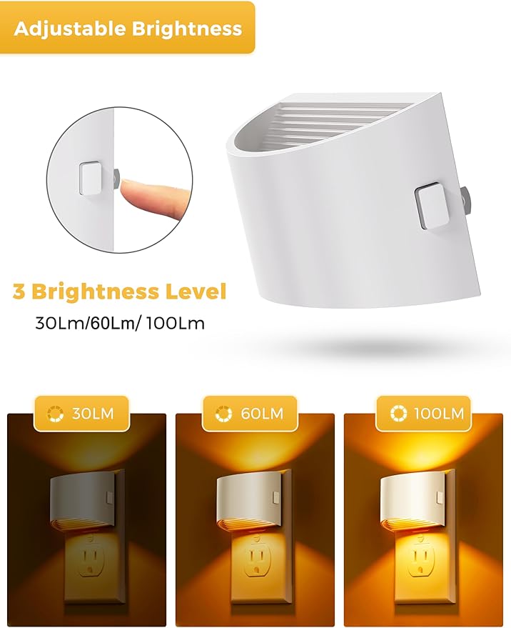 L LOHAS LED Night Light, Night Lights Plug into Wall with Dusk to Dawn Sensor, 3 Brightness Level, 2 Pack, 1600K Amber, White Housing